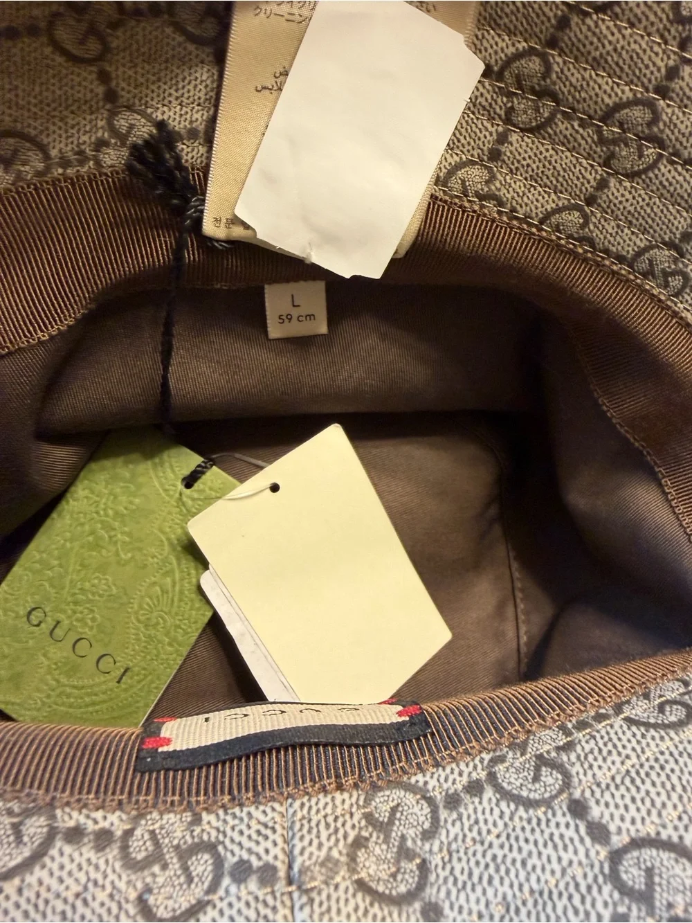 New Authentic Gucci GG Supreme Logo Leather Bucket Hat Tan Brown Size L